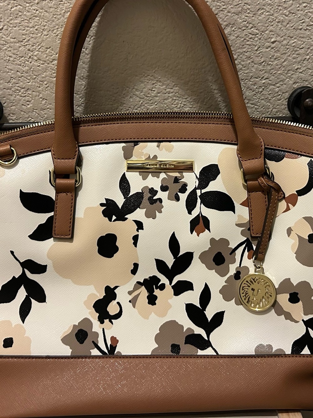 Anne Klein Floral Dome Satchel Bag Cream Tan Brown NEW